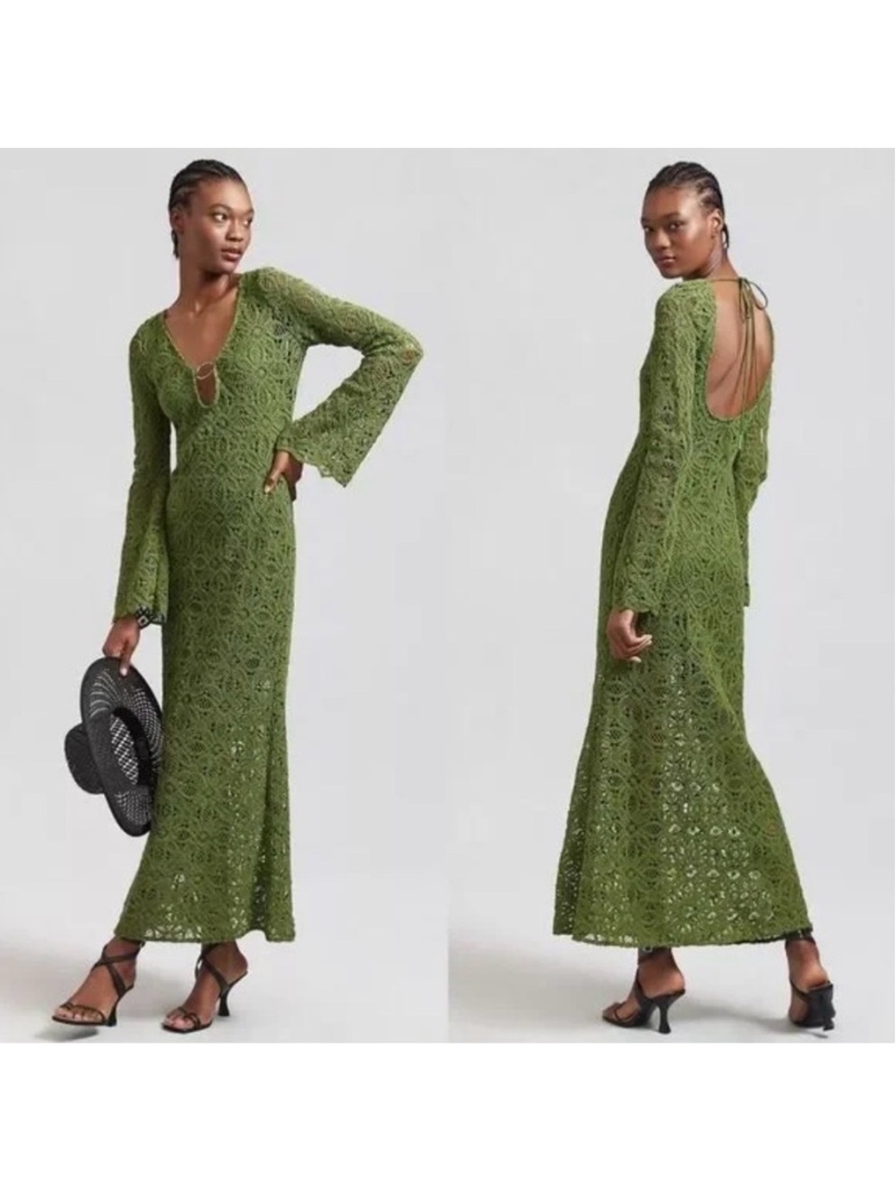 Significant Other Crocheted Green ‘Imogen’ Deep V-Neck Maxi Dress in “Juniper”